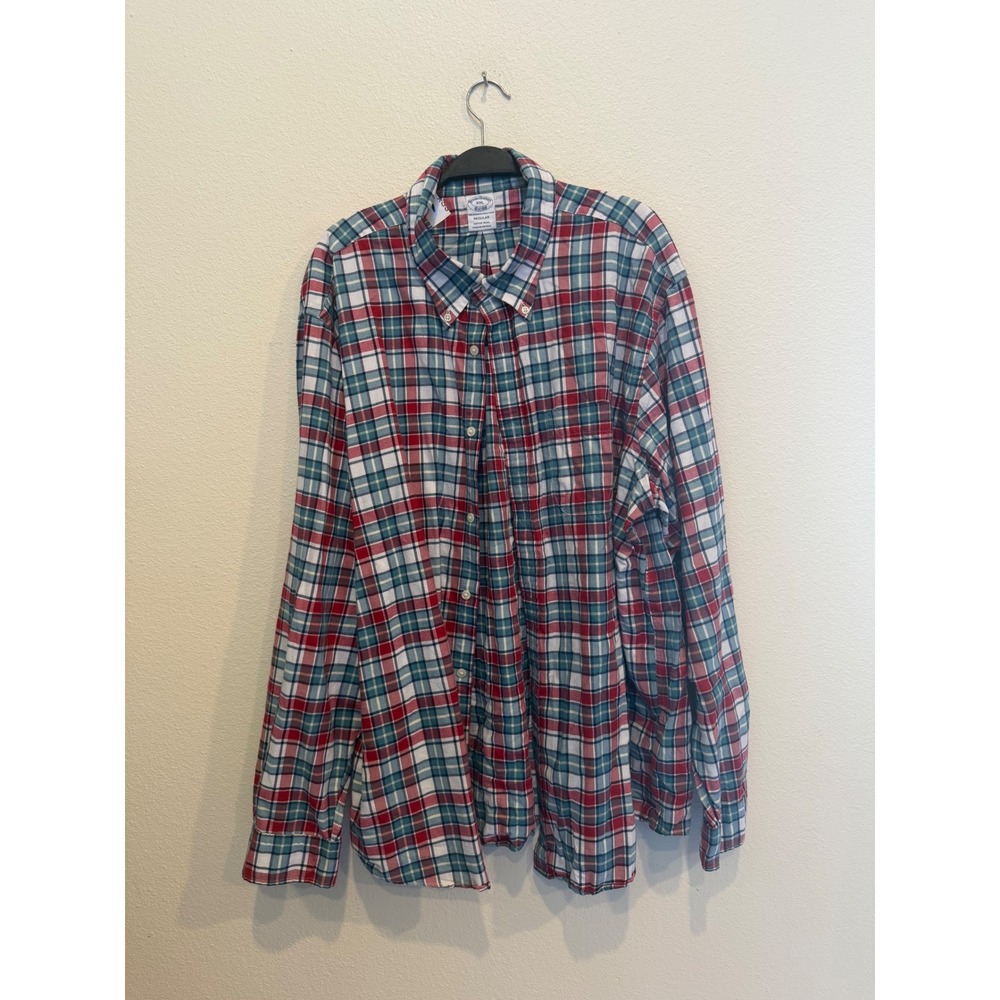 Brooks Brothers Mens XXL Regular Plaid Cotton Wool Button Down Shirt Red Teal